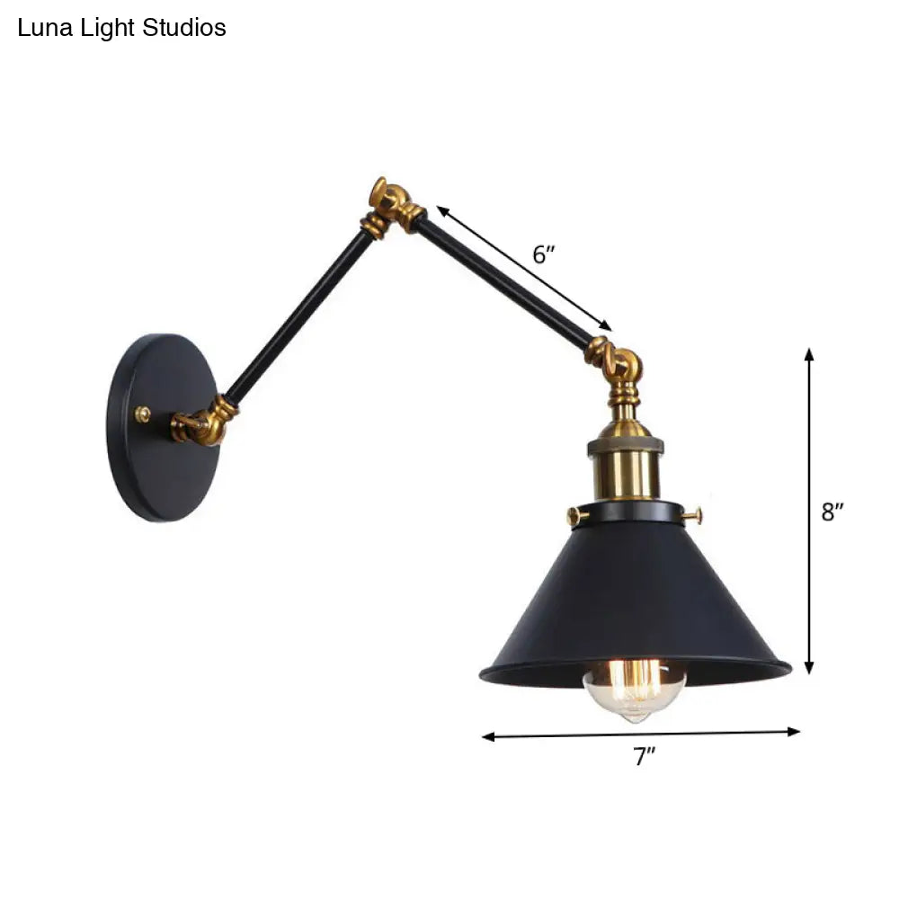 Industrial Metal Wall Reading Lamp With Flared Cone Design And Swing Arm - 1 Bulb Black-Brass