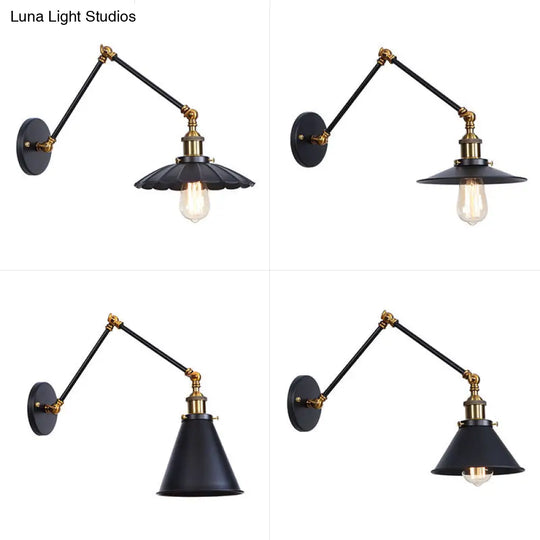 Industrial Metal Wall Reading Lamp With Flared Cone Design And Swing Arm - 1 Bulb Black-Brass