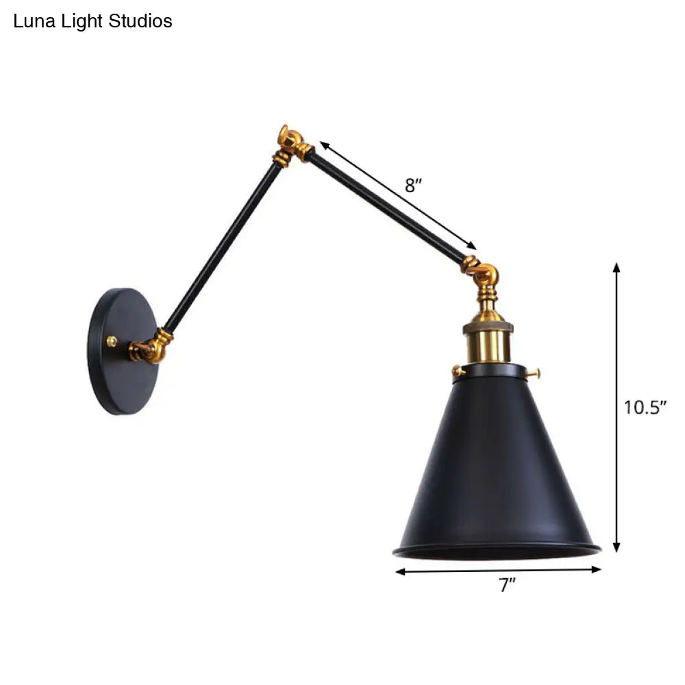 Industrial Metal Wall Reading Lamp With Flared Cone Design And Swing Arm - 1 Bulb Black-Brass