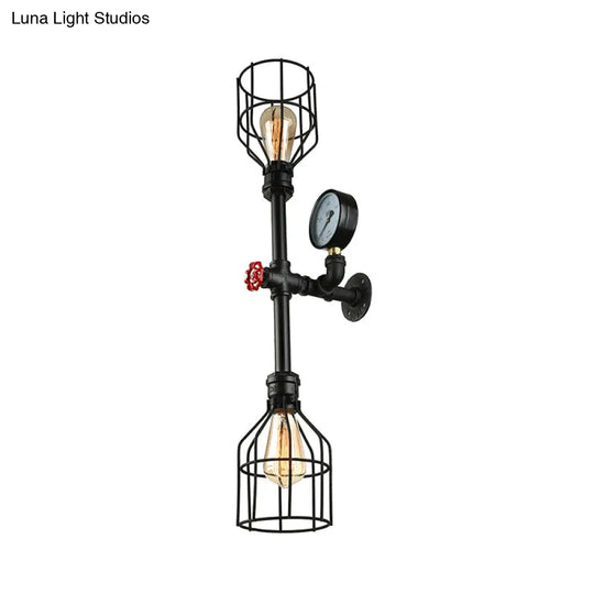 Industrial Metal Wall Sconce With 2 Bulbs Cage Shade And Gauge - Black Finish