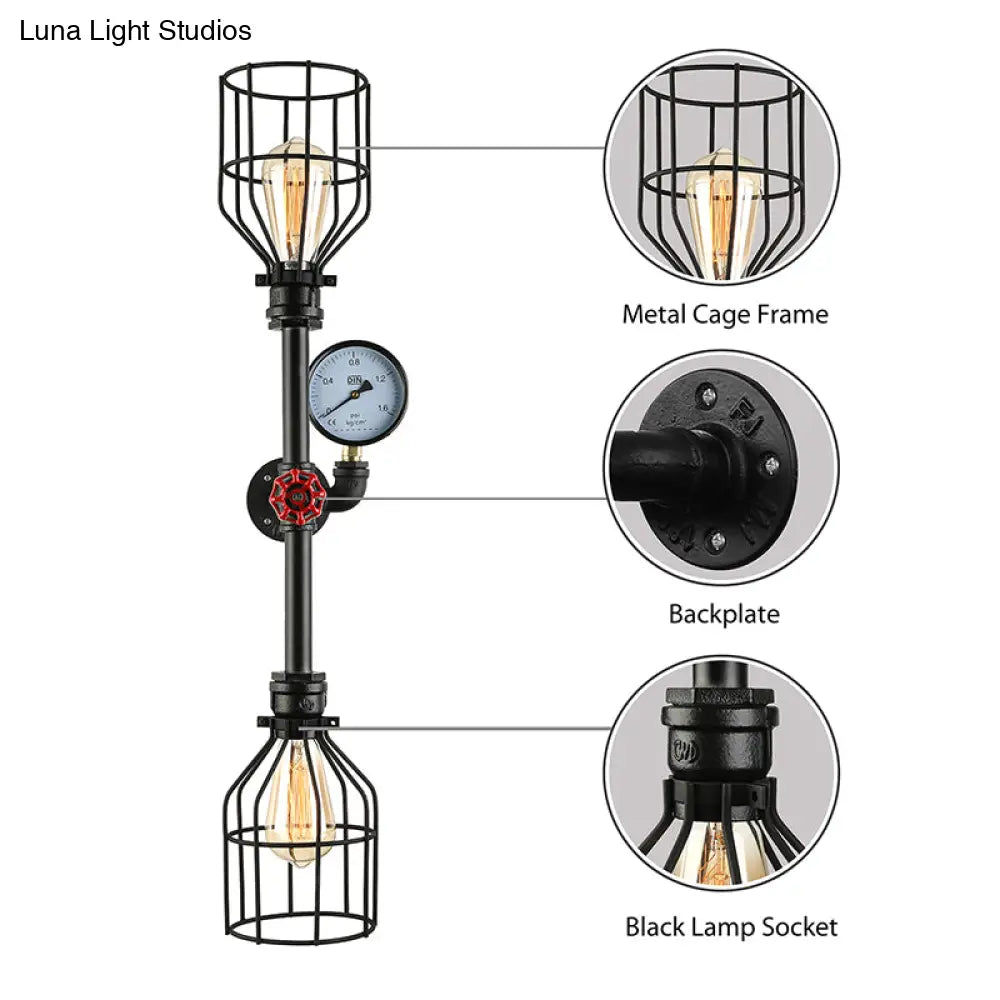 Industrial Metal Wall Sconce With 2 Bulbs Cage Shade And Gauge - Black Finish