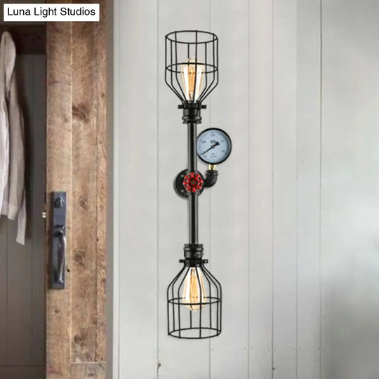 Industrial Metal Wall Sconce With 2 Bulbs Cage Shade And Gauge - Black Finish