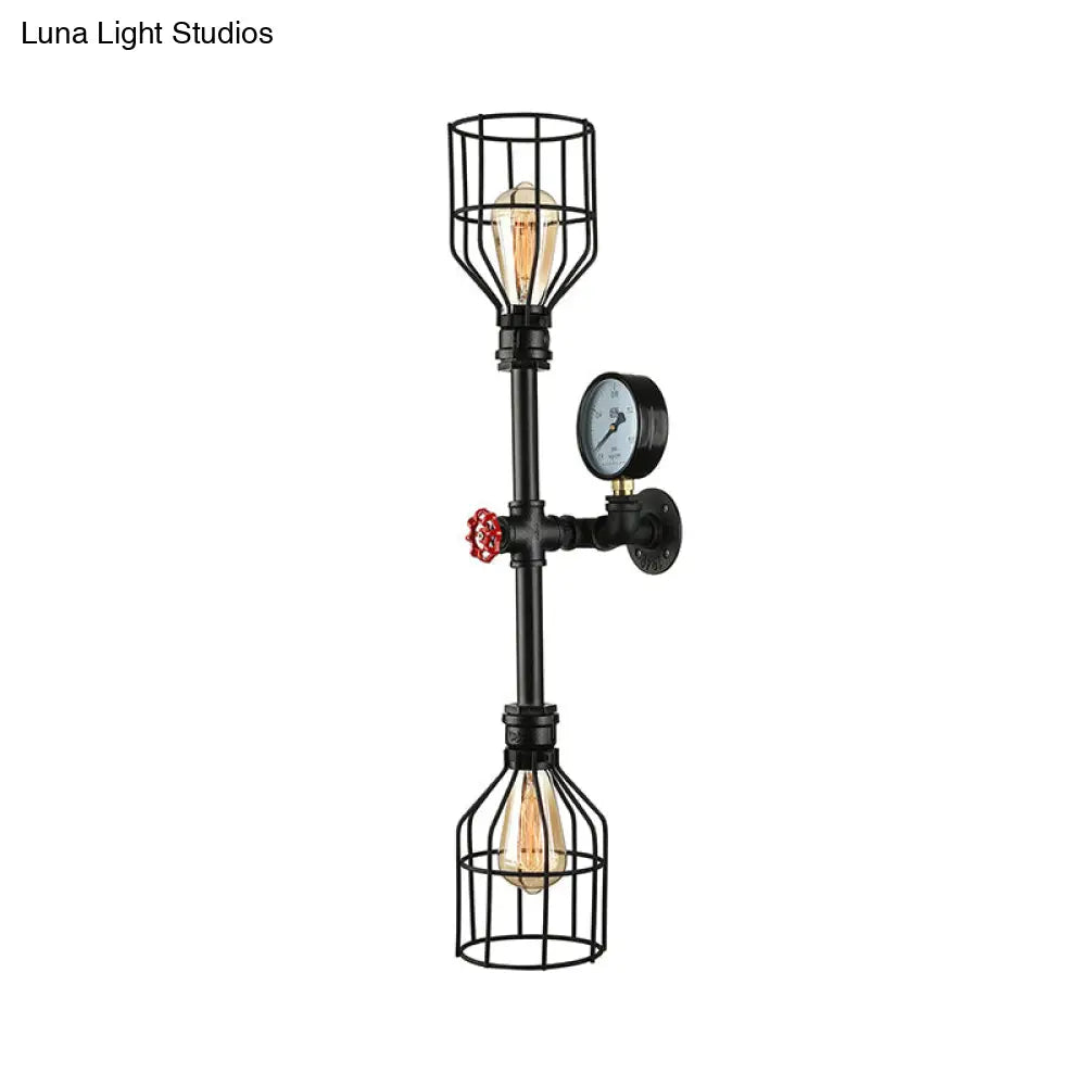 Industrial Metal Wall Sconce With 2 Bulbs Cage Shade And Gauge - Black Finish