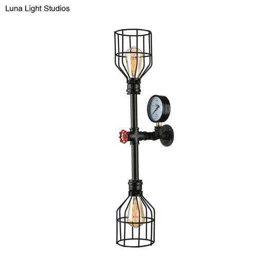 Industrial Metal Wall Sconce With 2 Bulbs Cage Shade And Gauge - Black Finish