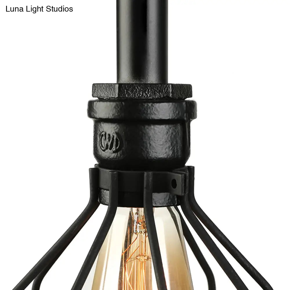 Industrial Metal Wall Sconce With 2 Bulbs Cage Shade And Gauge - Black Finish