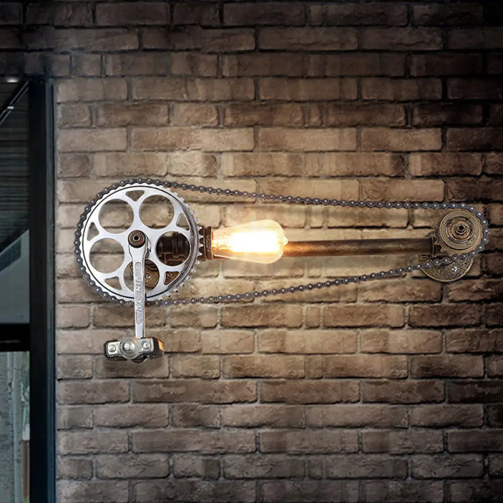 Industrial Metal Wall Sconce With Bronze Bicycle Chain Design Water Pipe And 1 Bulb Head - Perfect