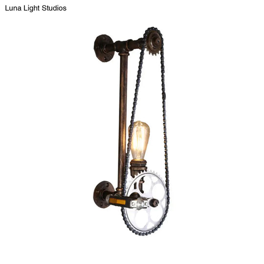 Industrial Metal Wall Sconce With Bronze Bicycle Chain Design Water Pipe And 1 Bulb Head - Perfect