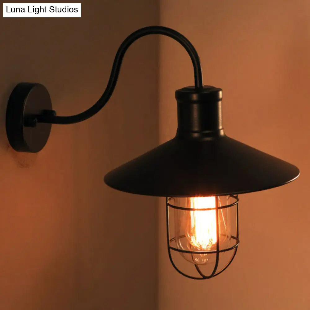 Industrial Metal Wall Sconce With Cage - Black Conical Gooseneck Design For Corridors