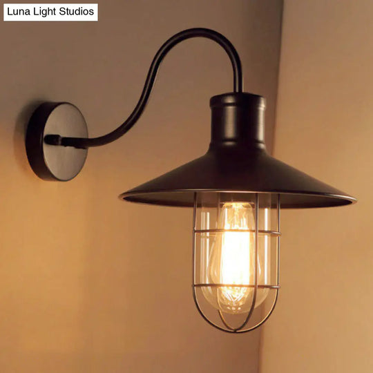 Industrial Metal Wall Sconce With Cage - Black Conical Gooseneck Design For Corridors