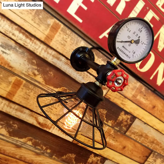 Industrial Metal Wall Sconce With Cone Cage And Pressure Gauge - Black Coffee Shop Light