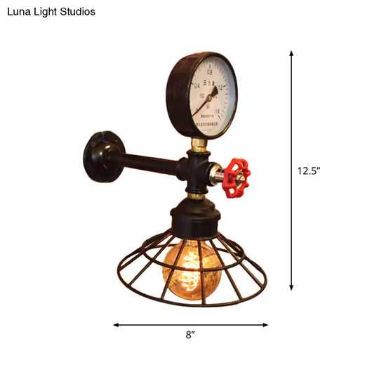 Industrial Metal Wall Sconce With Cone Cage And Pressure Gauge - Black Coffee Shop Light