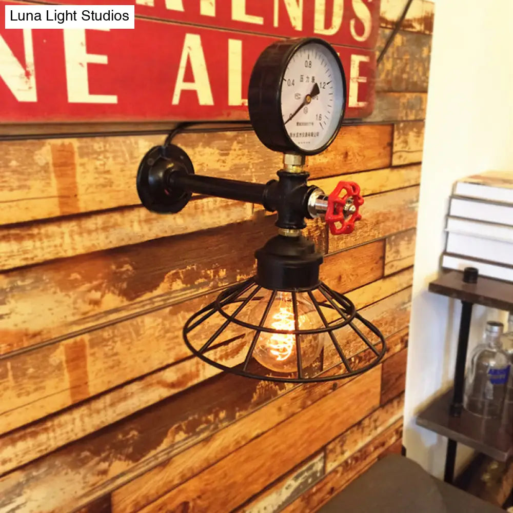 Industrial Metal Wall Sconce With Cone Cage And Pressure Gauge - Black Coffee Shop Light