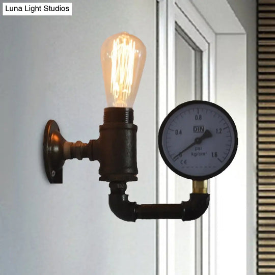 Industrial Metal Wall Sconce With Gauge/Faucet Decoration - Black 1-Light Mini Lighting For Living