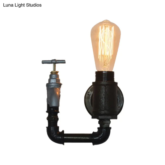 Industrial Metal Wall Sconce With Gauge/Faucet Decoration - Black 1-Light Mini Lighting For Living