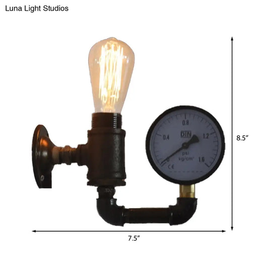 Industrial Metal Wall Sconce With Gauge/Faucet Decoration - Black 1-Light Mini Lighting For Living