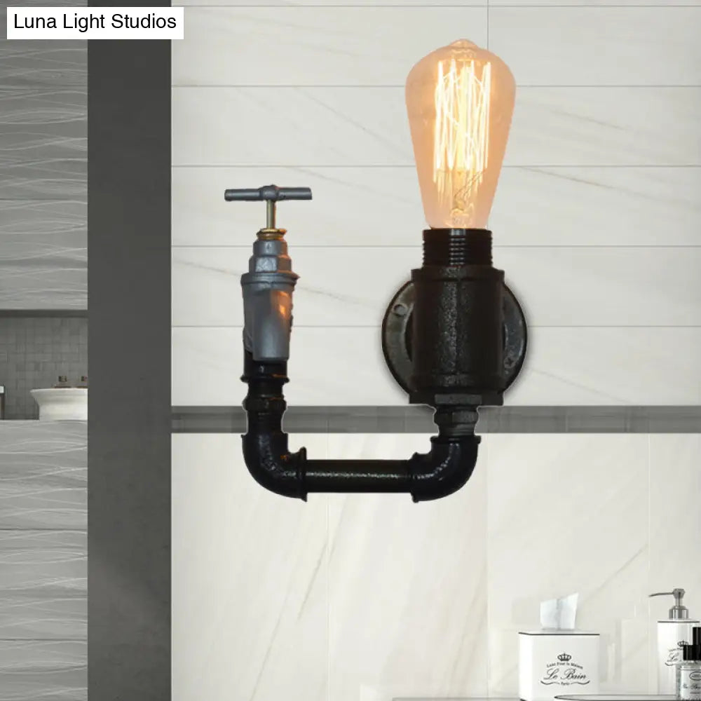 Industrial Metal Wall Sconce With Gauge/Faucet Decoration - Black 1-Light Mini Lighting For Living