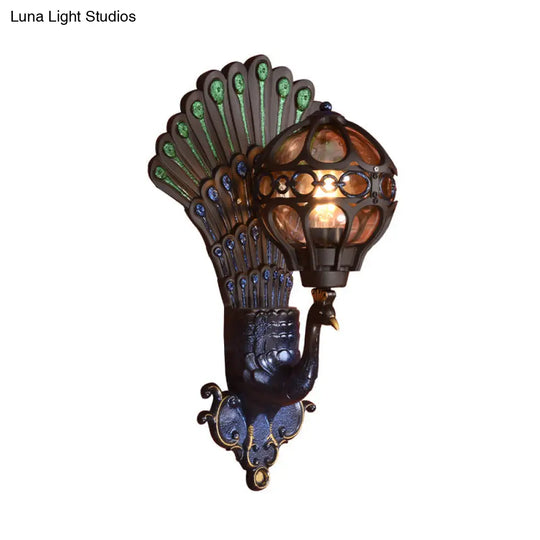 Industrial Metal Wall Sconce With Lake Blue Globe & Peacock Backplate