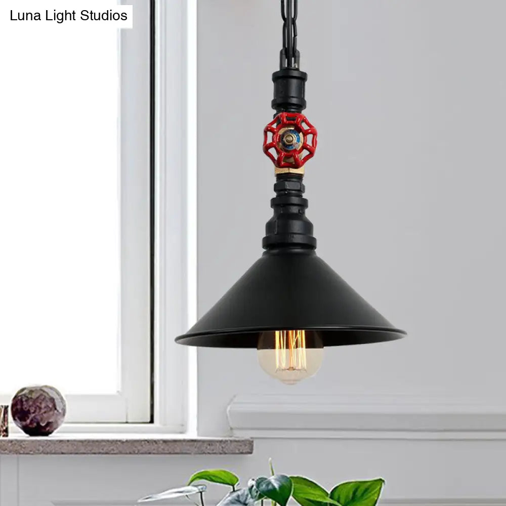 Industrial Black/Bronze Hanging Lamp With Water Pipe & Valve Suspension - Cone Shade Pendant 1 Light