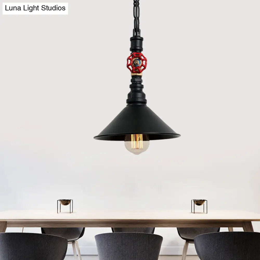 Industrial Black/Bronze Hanging Lamp With Water Pipe & Valve Suspension - Cone Shade Pendant 1 Light