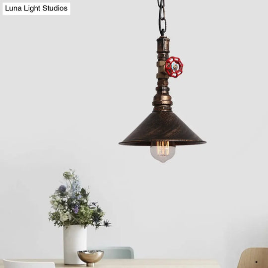 Industrial Metal Water Pipe And Valve Suspension Pendant - Black/Bronze Cone Shade