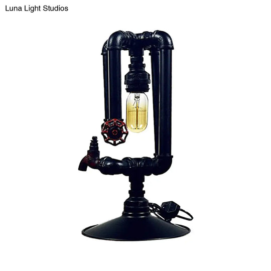 Industrial Metal Water Pipe Table Lamp - Polished Black Finish With Faucet And Valve