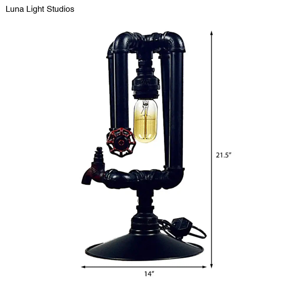 Industrial Metal Water Pipe Table Lamp - Polished Black Finish With Faucet And Valve