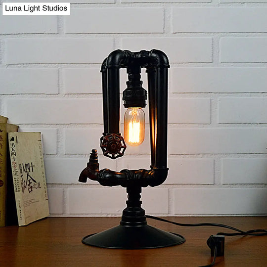 Industrial Metal Water Pipe Table Lamp - Polished Black Finish With Faucet And Valve