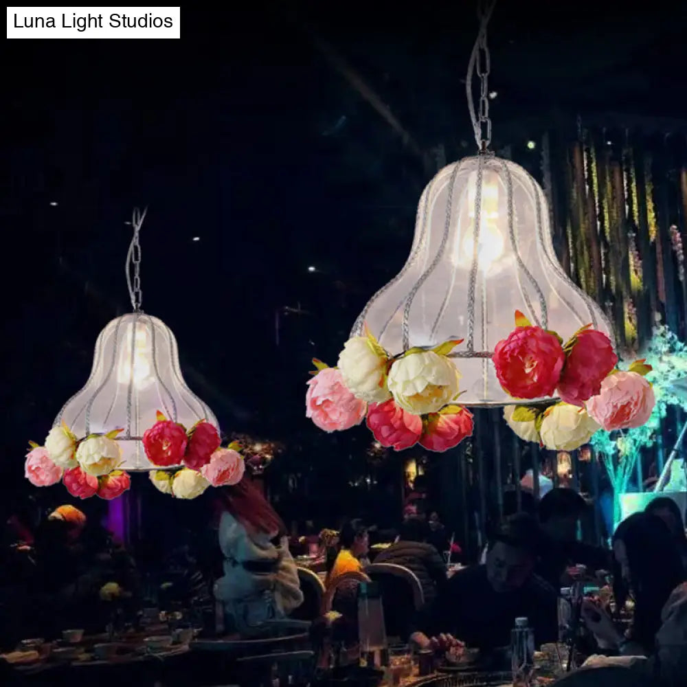 Industrial Metal White Hanging Light With Flower Decor - Led Ceiling Lamp For Restaurants