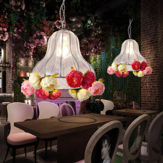 Industrial Metal White Hanging Light With Flower Decor - Led Ceiling Lamp For Restaurants