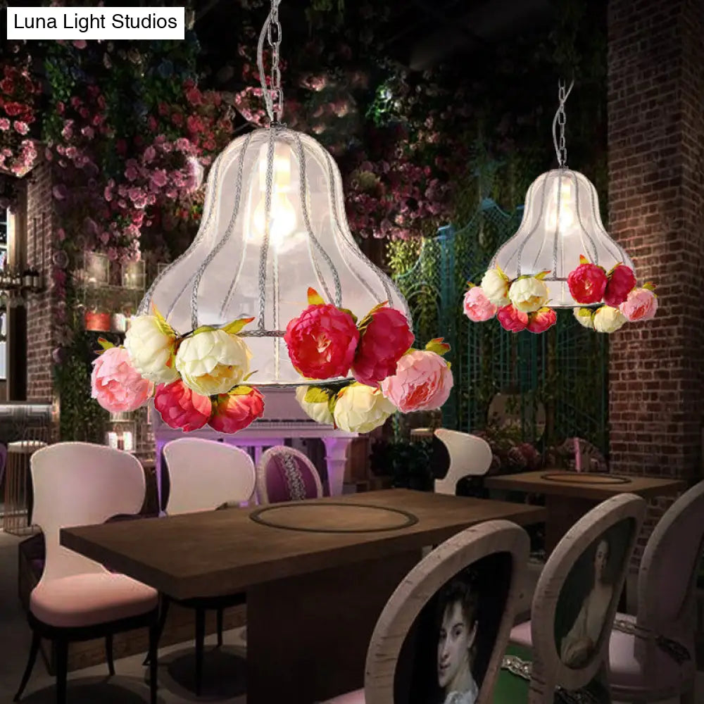 Industrial Metal Gourd Hanging Light With Led Bulb And Flower Decoration For Restaurants White