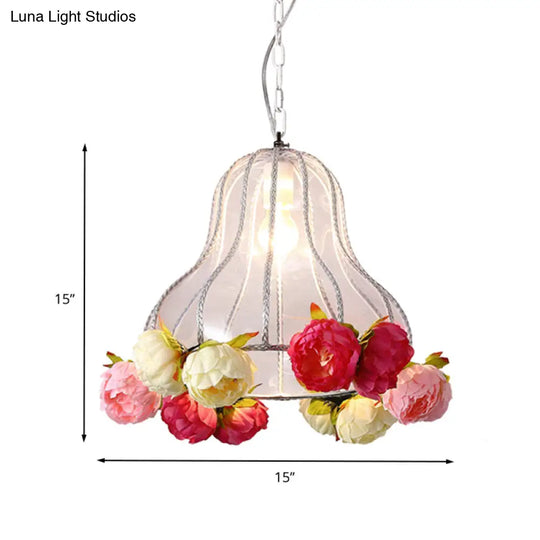 Industrial Metal White Hanging Light With Flower Decor - Led Ceiling Lamp For Restaurants