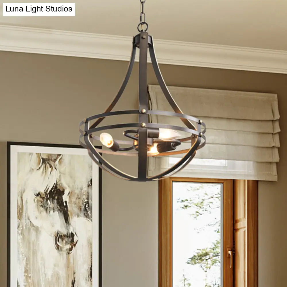 Industrial Metal Wire Cage Chandelier Pendant Light Fixture With 3 Bulbs In Bronze