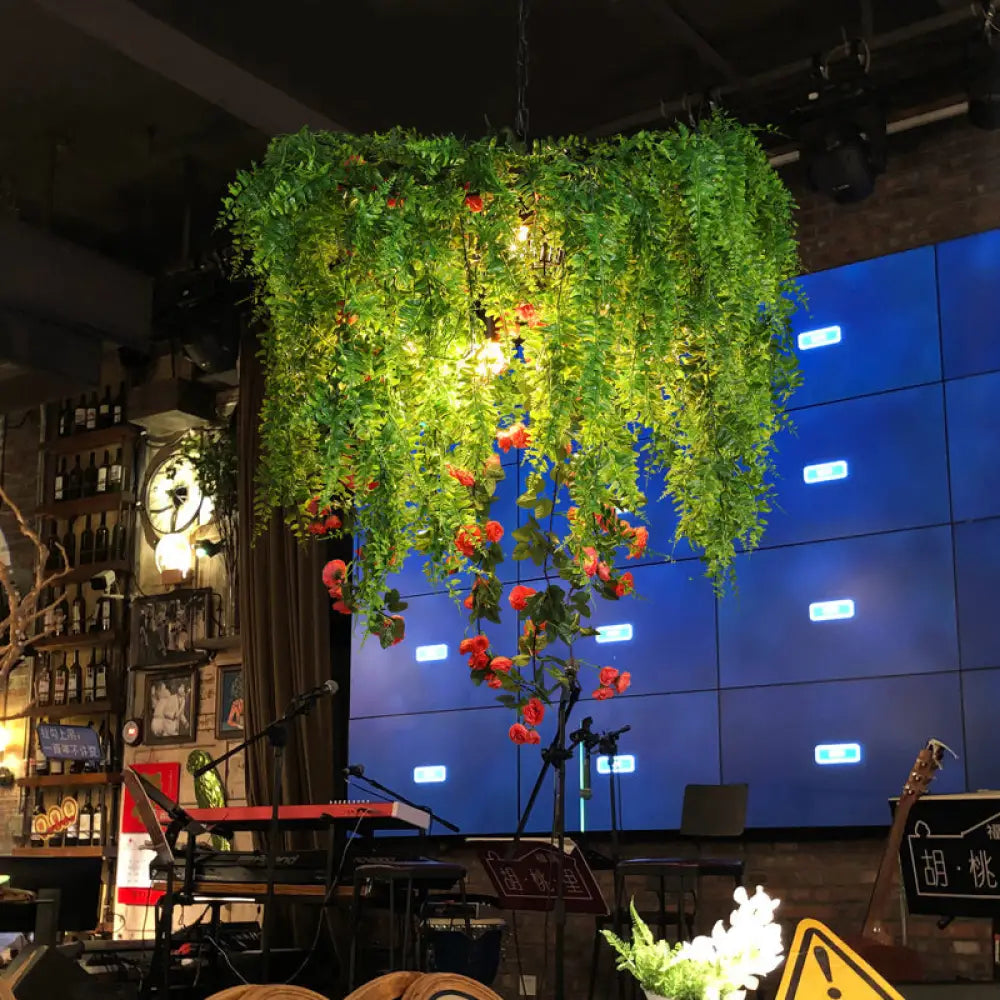 Industrial Metal Wire Cage Pendant Chandelier With Green Lighting For Restaurant