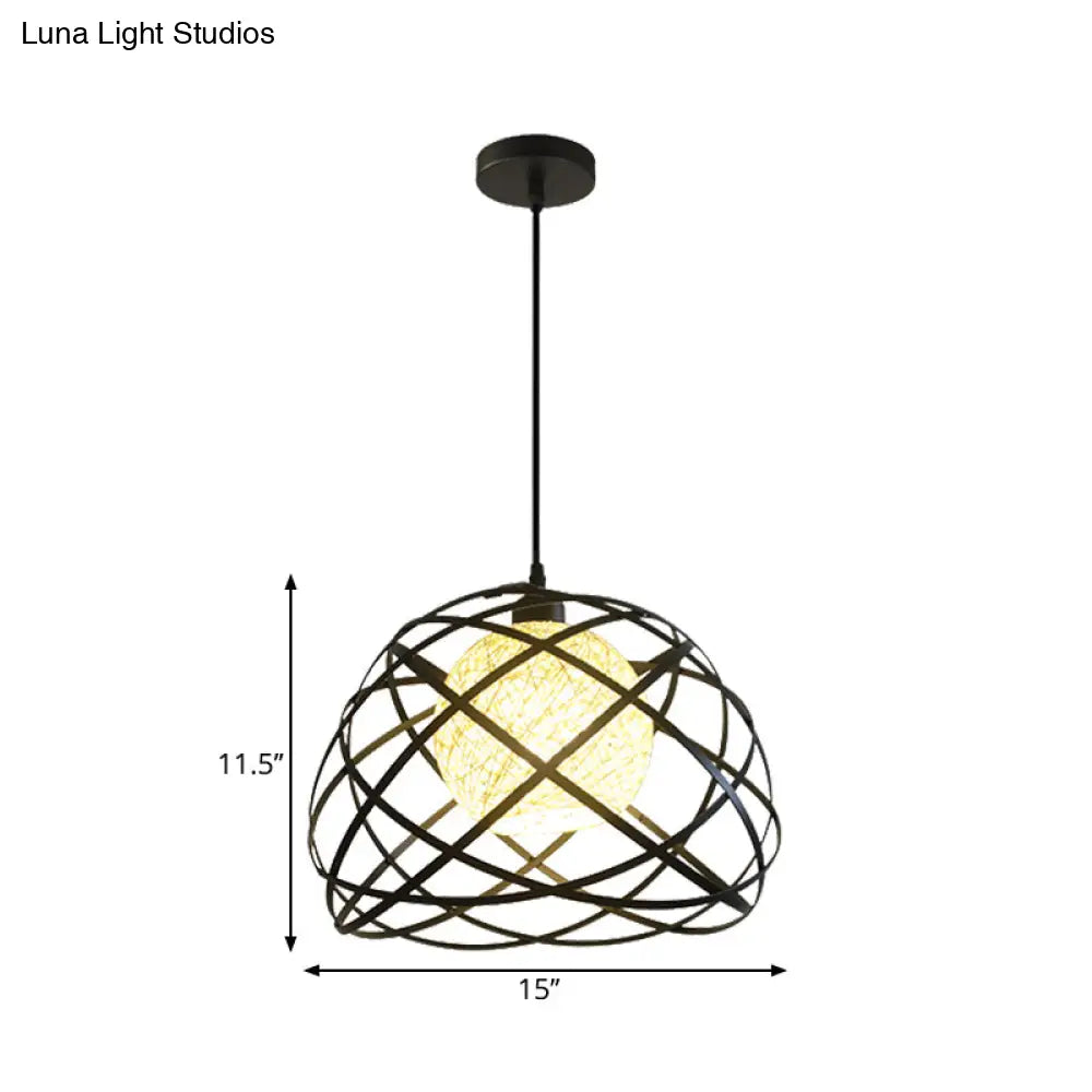 Industrial Metal Wire Cage Pendant Light With Dome Shade - Black