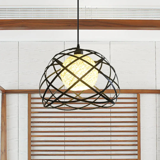 Industrial Metal Wire Cage Pendant Light With Dome Shade - Black