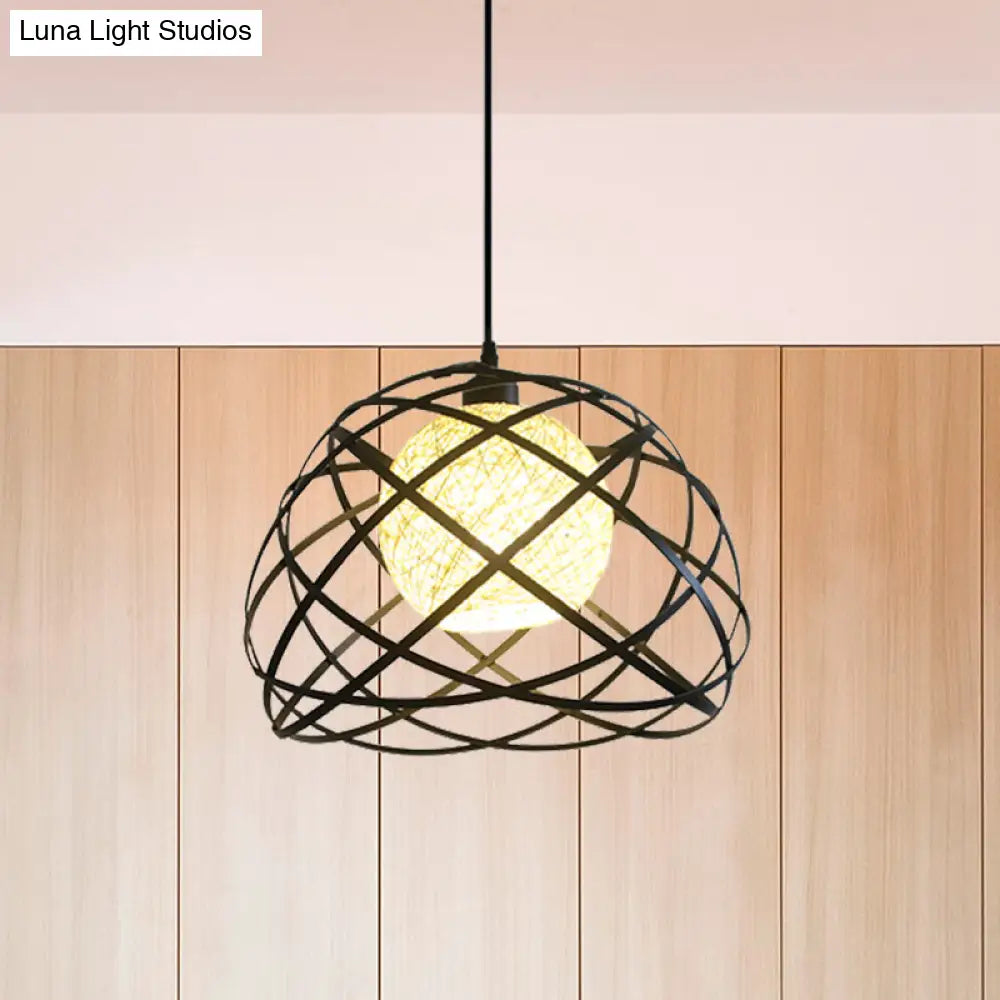 Industrial Metal Wire Cage Pendant Light With Dome Shade - Black