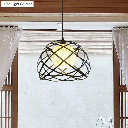 Industrial Metal Wire Cage Pendant Light With Dome Shade - Black