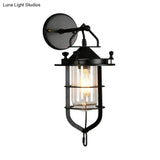 Industrial Metal Wire Cage Wall Sconce With Clear Glass Shade - Black Single Light Fixture