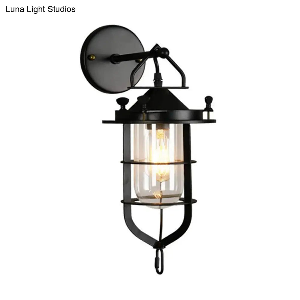 Industrial Metal Wire Cage Wall Sconce With Clear Glass Shade - Black Single Light Fixture