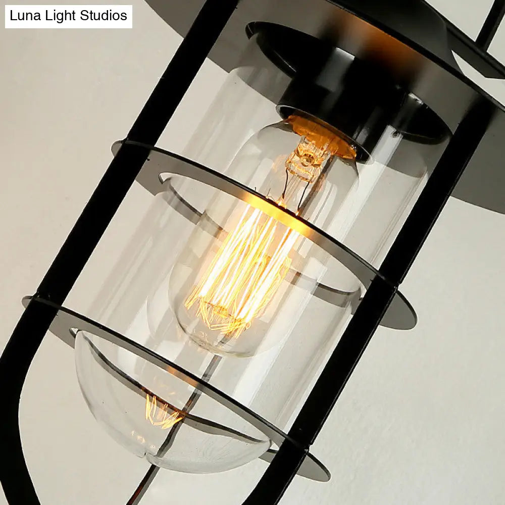 Industrial Metal Wire Cage Wall Sconce With Clear Glass Shade - Black Single Light Fixture