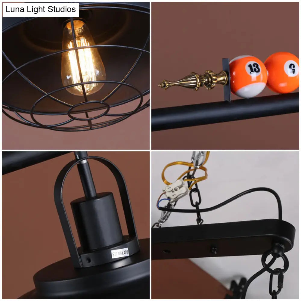 Industrial Metal Wire Frame Island Light With Barn Shade - Black Finish 2/3 Heads Ideal For Billiard