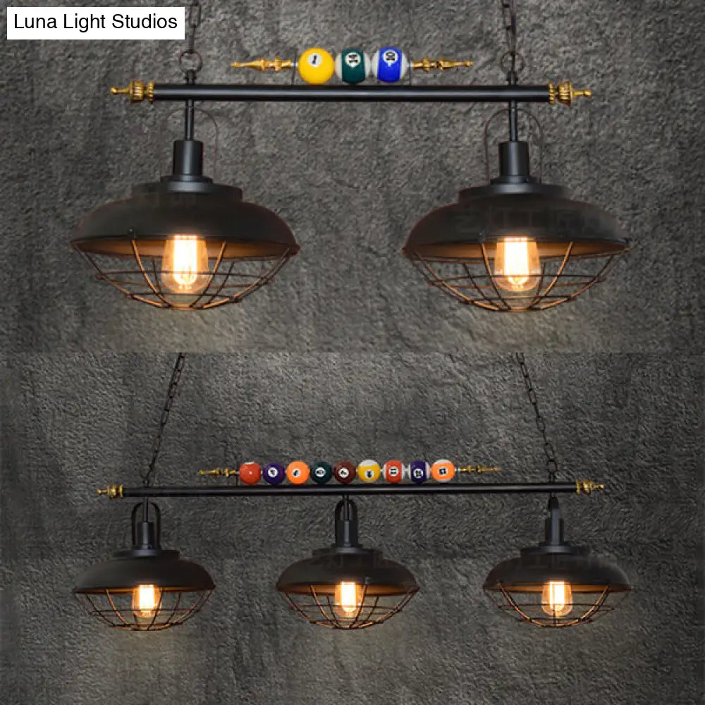 Industrial Metal Wire Frame Island Light With Barn Shade - Black Finish 2/3 Heads Ideal For Billiard