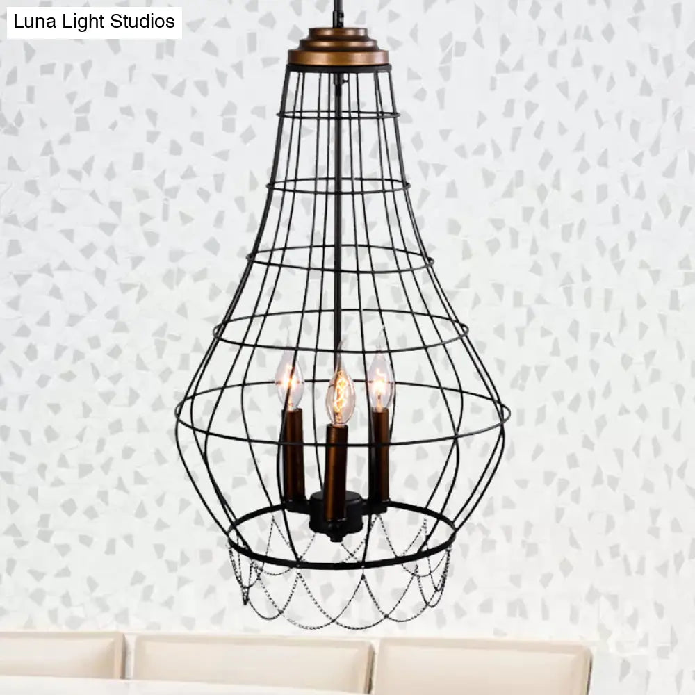 Industrial Black Finish Wire Guard Pendant Lamp With Metal Candle Design - Stylish 3-Light Balcony