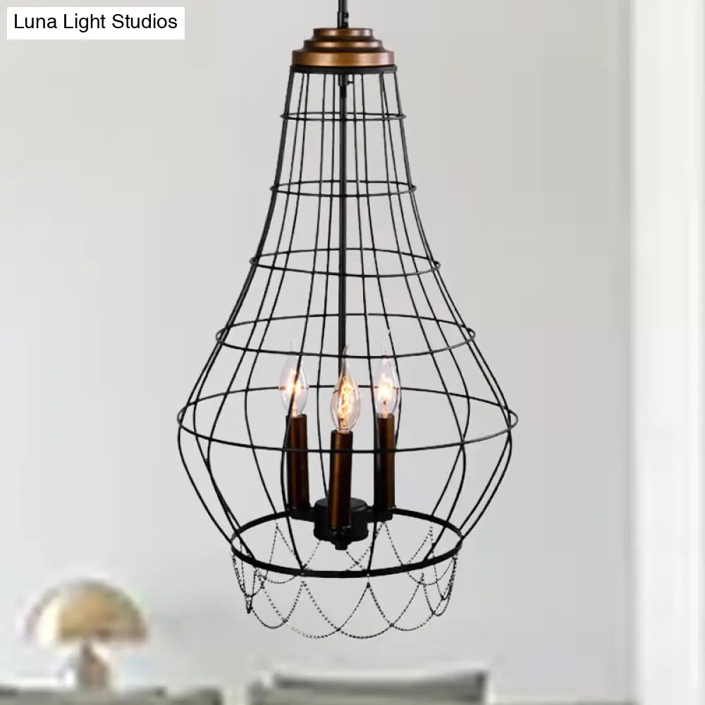 Industrial Black Finish Wire Guard Pendant Lamp With Metal Candle Design - Stylish 3-Light Balcony