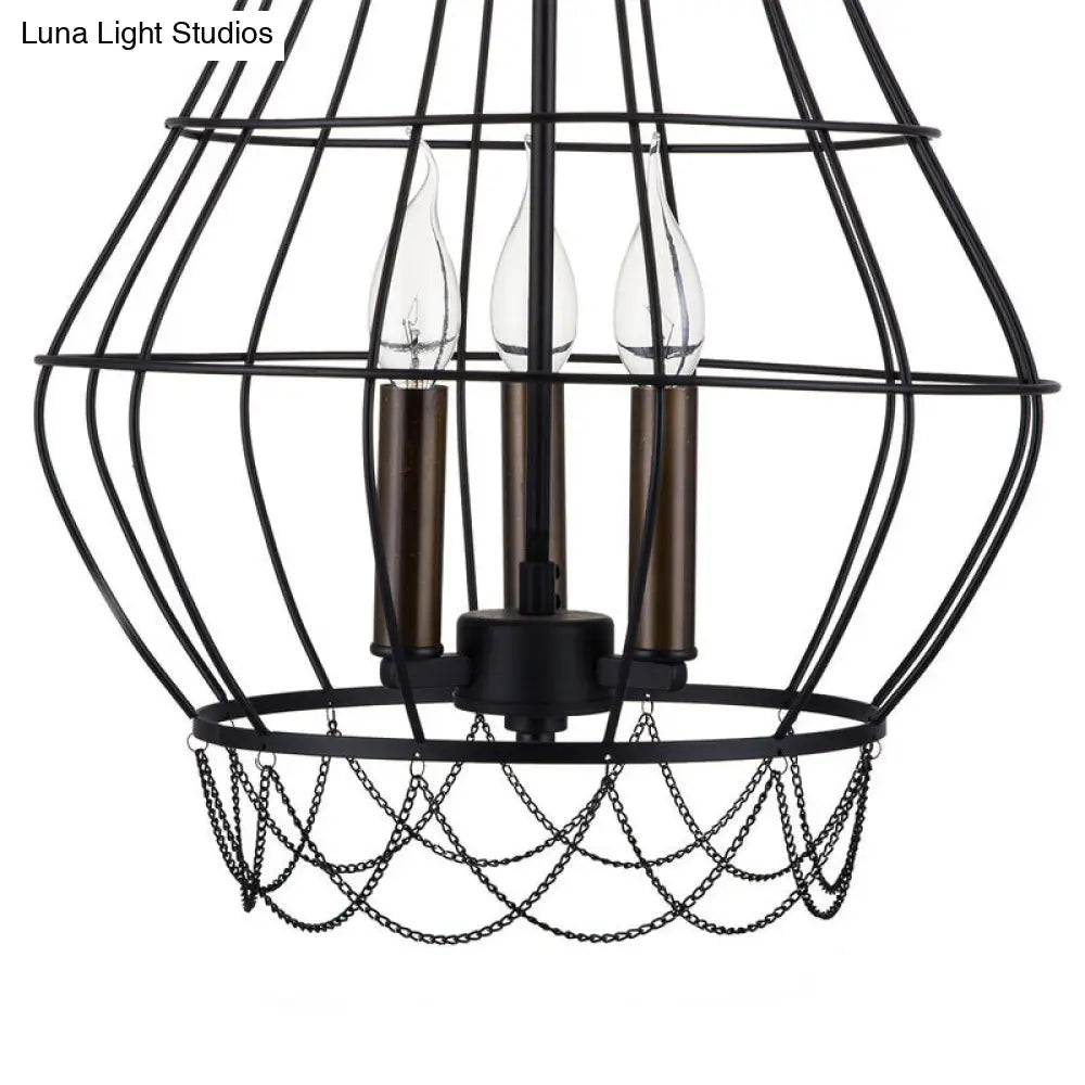 Industrial Black Finish Wire Guard Pendant Lamp With Metal Candle Design - Stylish 3-Light Balcony