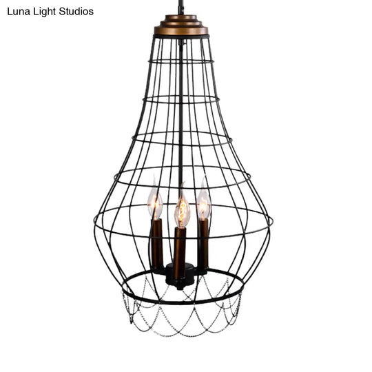 Industrial Metal Wire Guard Drop Light With 3 Black Finish Pendant Lights - Stylish Balcony Lamp