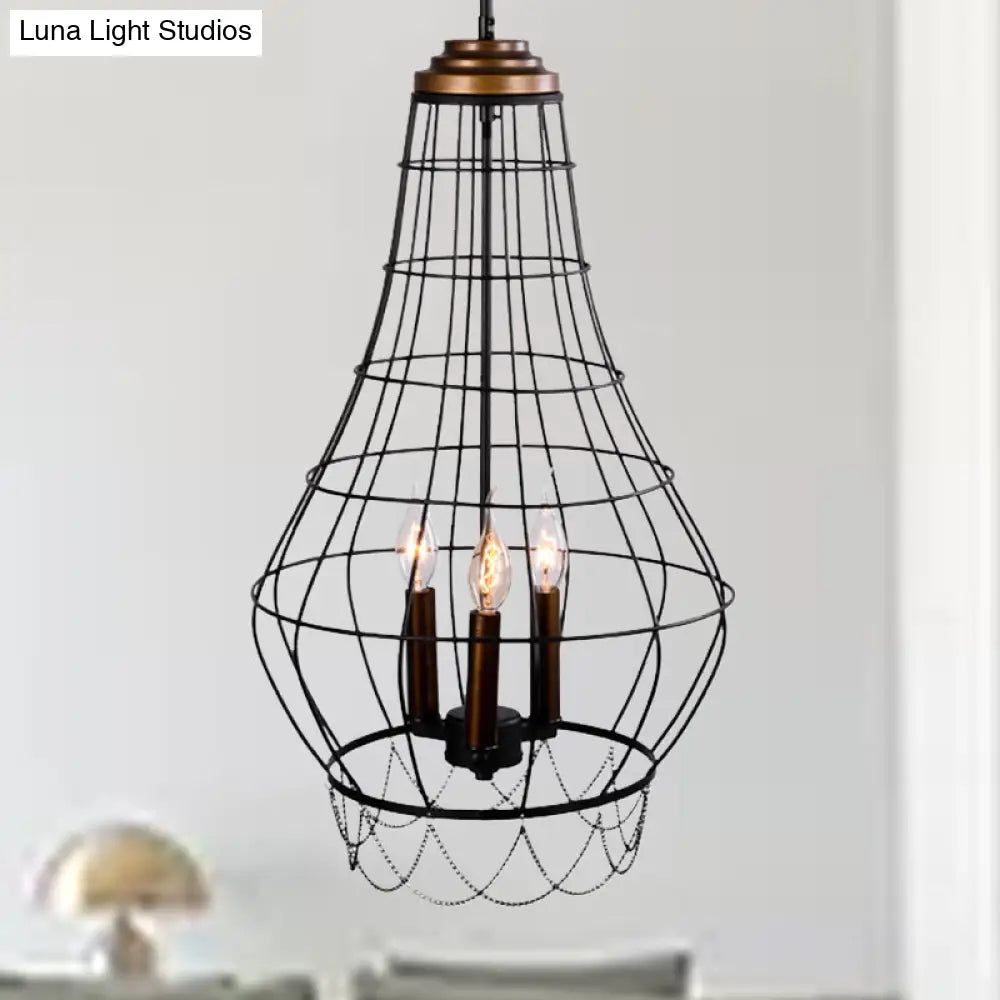 Industrial Metal Wire Guard Drop Light With 3 Black Finish Pendant Lights - Stylish Balcony Lamp