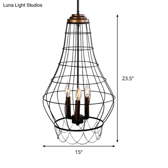 Industrial Black Finish Wire Guard Pendant Lamp With Metal Candle Design - Stylish 3-Light Balcony