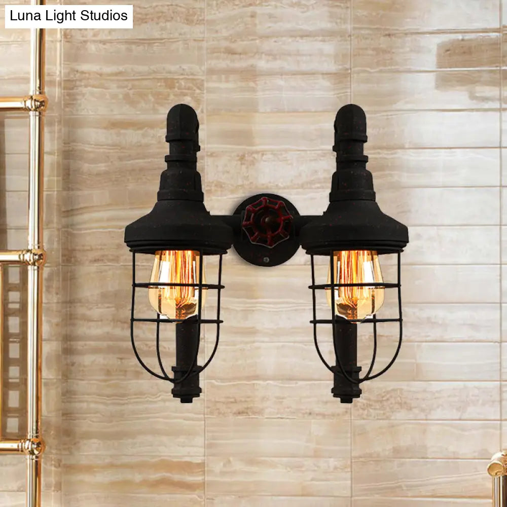 Industrial Metallic 2-Light Wall Sconce With Cage Shade And Red Valve - Black/Bronze Tubed Kitchen