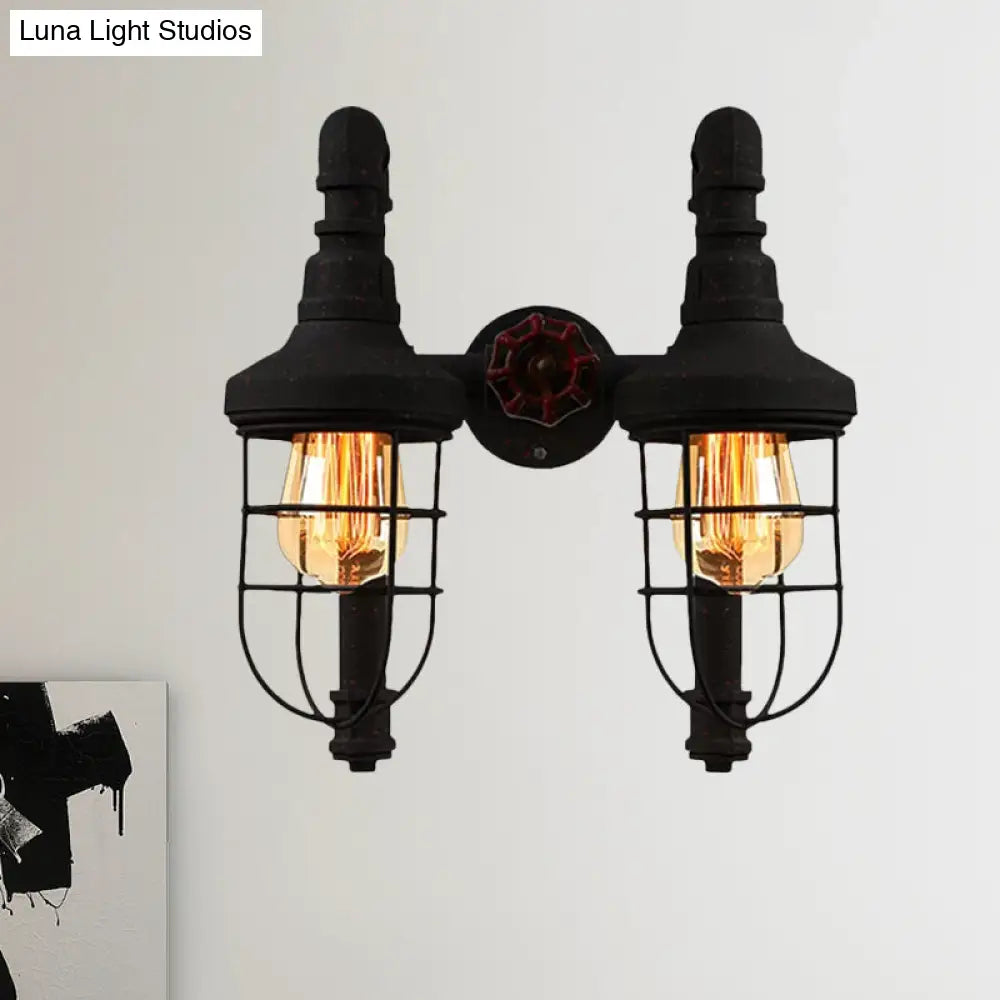 Industrial Metallic 2-Light Wall Sconce With Cage Shade And Red Valve - Black/Bronze Tubed Kitchen